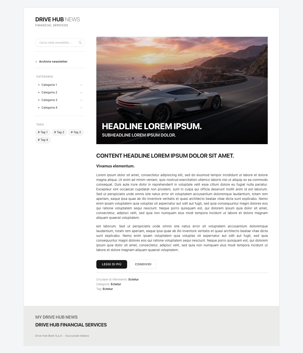 Ricerca desktop: colonna con campo di ricerca, archivio, categorie e tag accanto alla notizia.