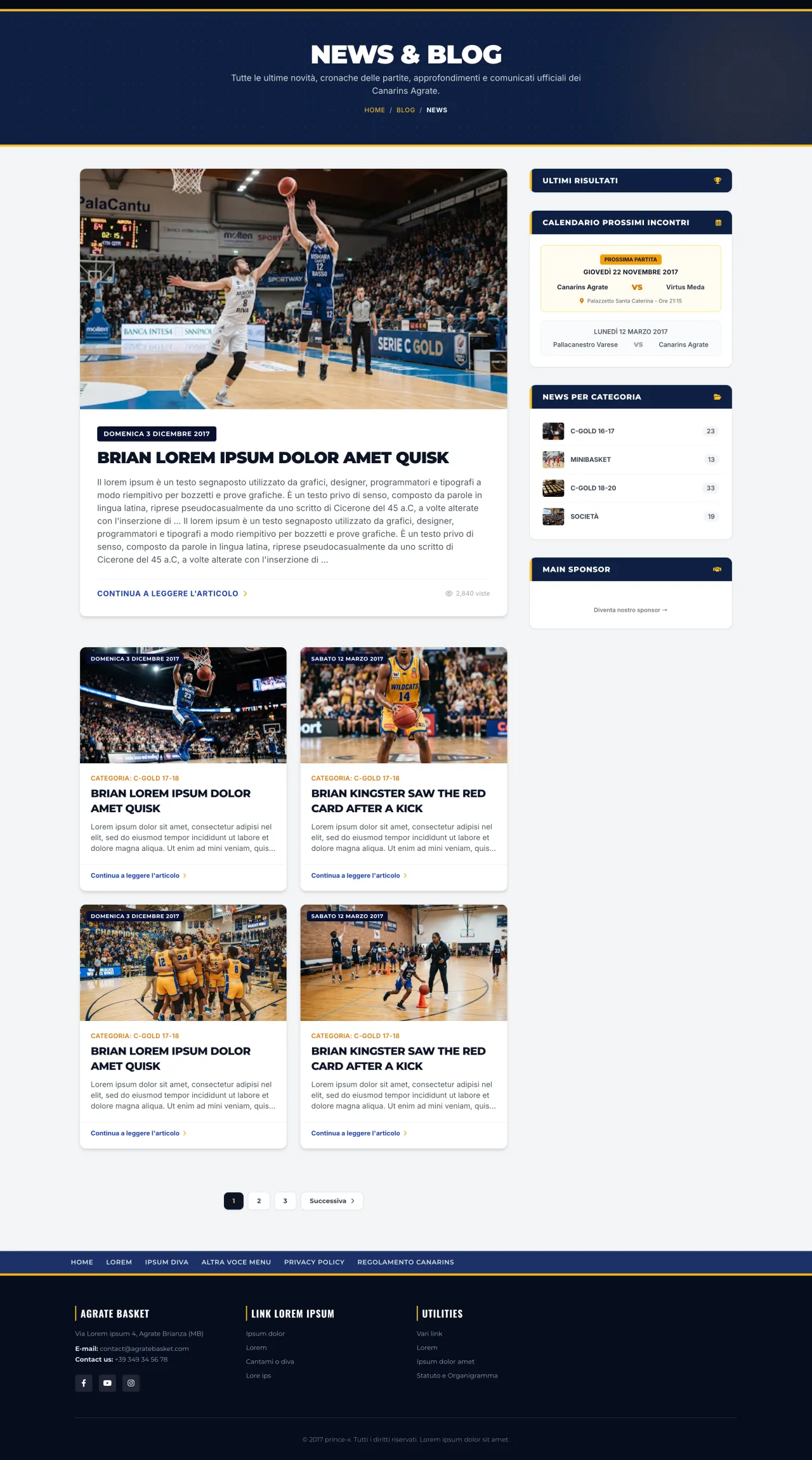 News desktop: l'articolo in evidenza con immagine grande, sotto gli altri articoli in griglia da due e la paginazione.
