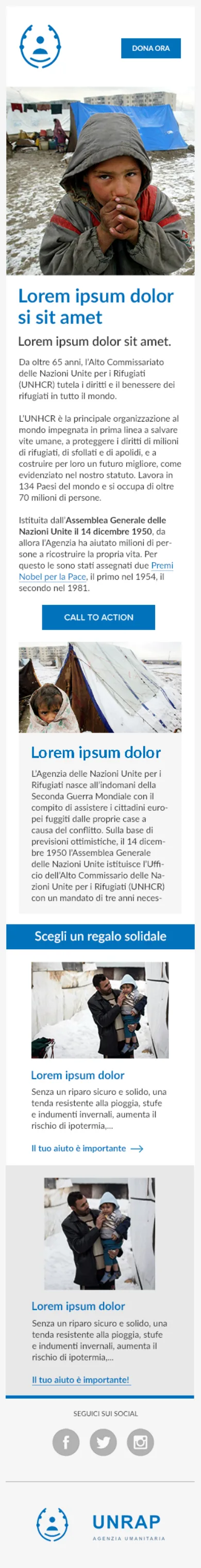 Stessa campagna su mobile: una colonna sola, con i regali solidali uno sotto l'altro.