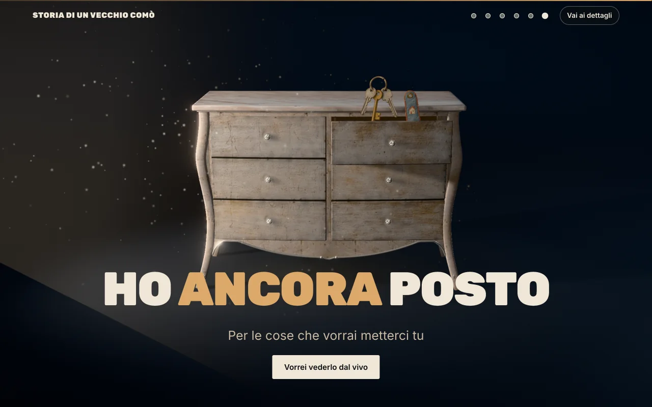 Finale della landing page su desktop: il comò con un cassetto socchiuso, la scritta «Ho ancora posto» e il pulsante «Vorrei vederlo dal vivo».