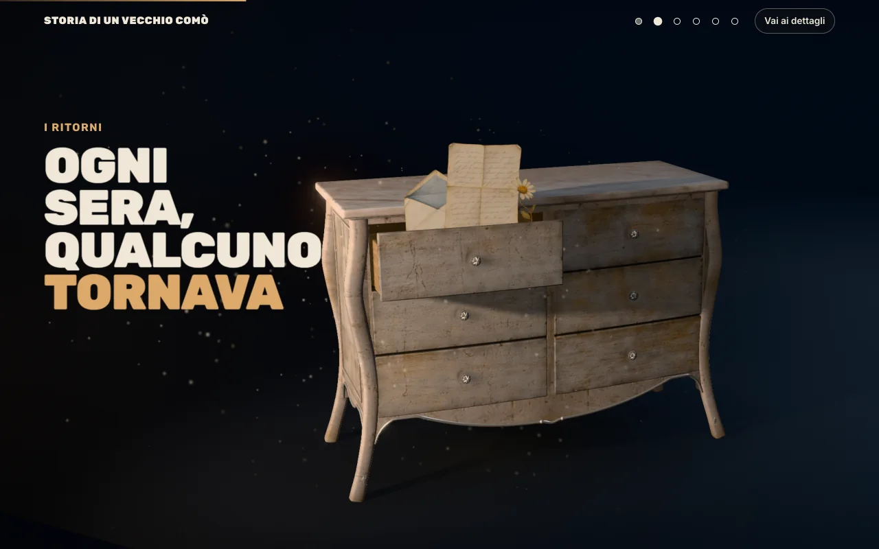 Landing page su desktop: un comò in 3D con un cassetto aperto da cui esce una lettera, e a destra la frase «Ogni sera, qualcuno tornava».