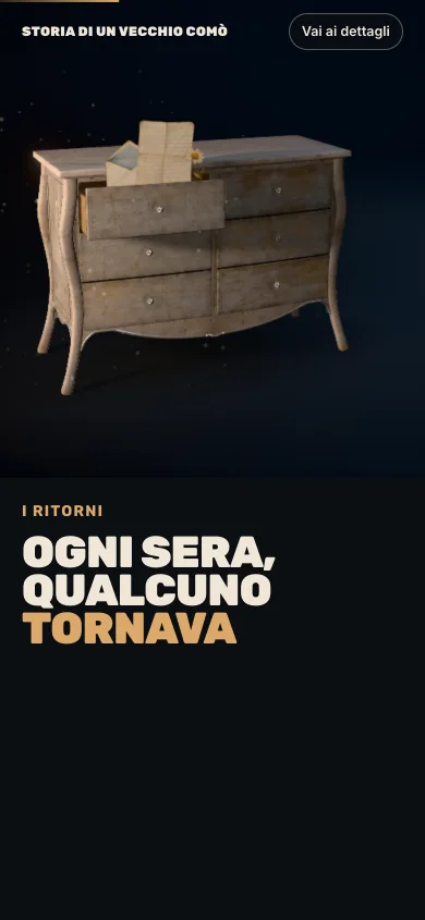 Landing page su mobile: il comò in 3D in alto con un cassetto aperto e una lettera, la frase «Ogni sera, qualcuno tornava» sotto.