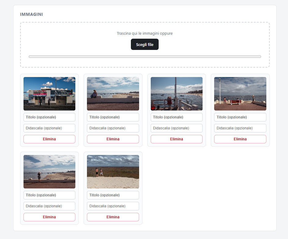 Pannello admin del CMS ScrollyTelling: sezione Immagini con area di trascinamento e le card delle foto caricate, ognuna con titolo e didascalia opzionali.