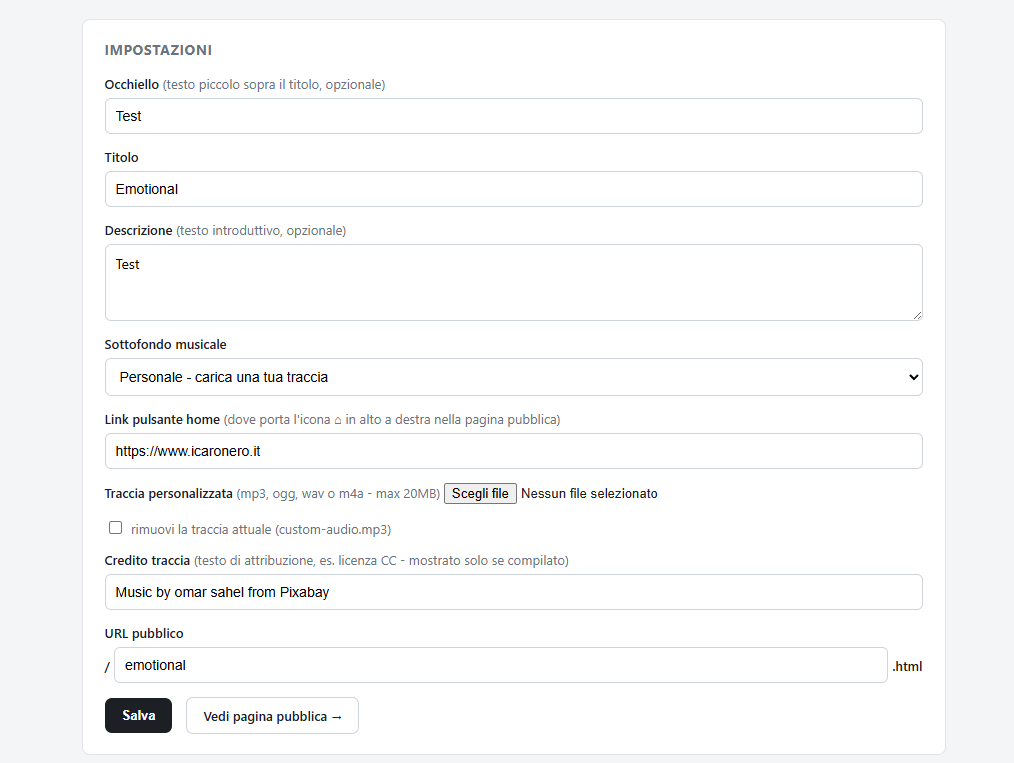 Pannello admin del CMS ScrollyTelling: sezione Impostazioni con occhiello, titolo, descrizione, scelta del sottofondo musicale e URL pubblico.
